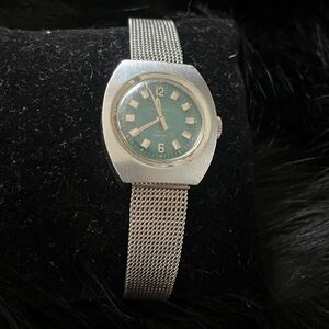 1973 Cavelle Silver Mesh Band Watch with Blue Dial